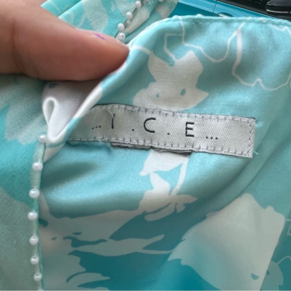 ICE Blue Silk Floral Wrap Dress Pearls Romantic Vintage Y2K Tie Women's Small - Picture 9 of 10